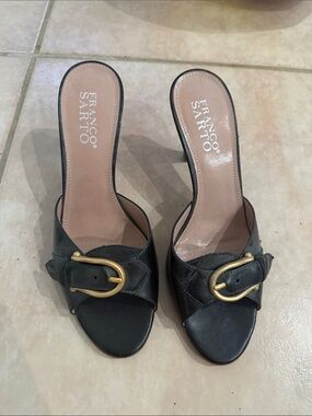 Franco Sarto Black Leather Mule Sandals with Gold Buckle Accent size 6 1/2 @@@@